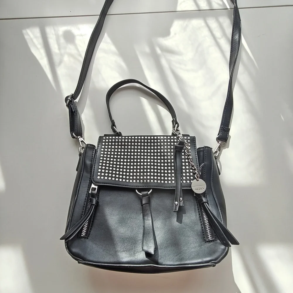Aldo Black Studded Crossbody Bag Silver Hardware Moto Rocker Satchel Handbag